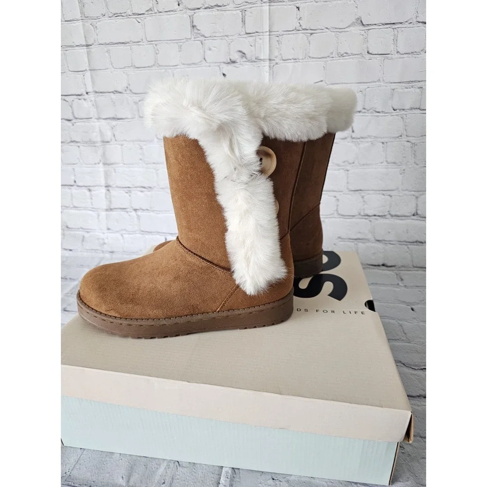 SO Goods For Life Chestnut Faux Suede Fur Trim‎ Winter Boots Women Size 9.5